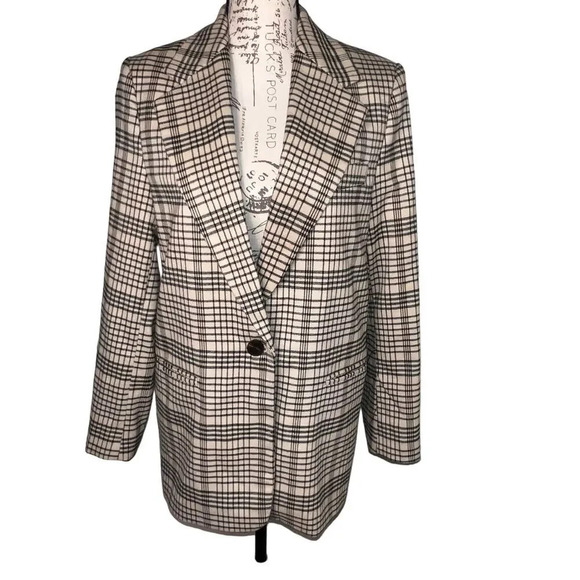 MNG Mango, S, tan black plaid long sleeve single button padded knit blazer  - Picture 1 of 11